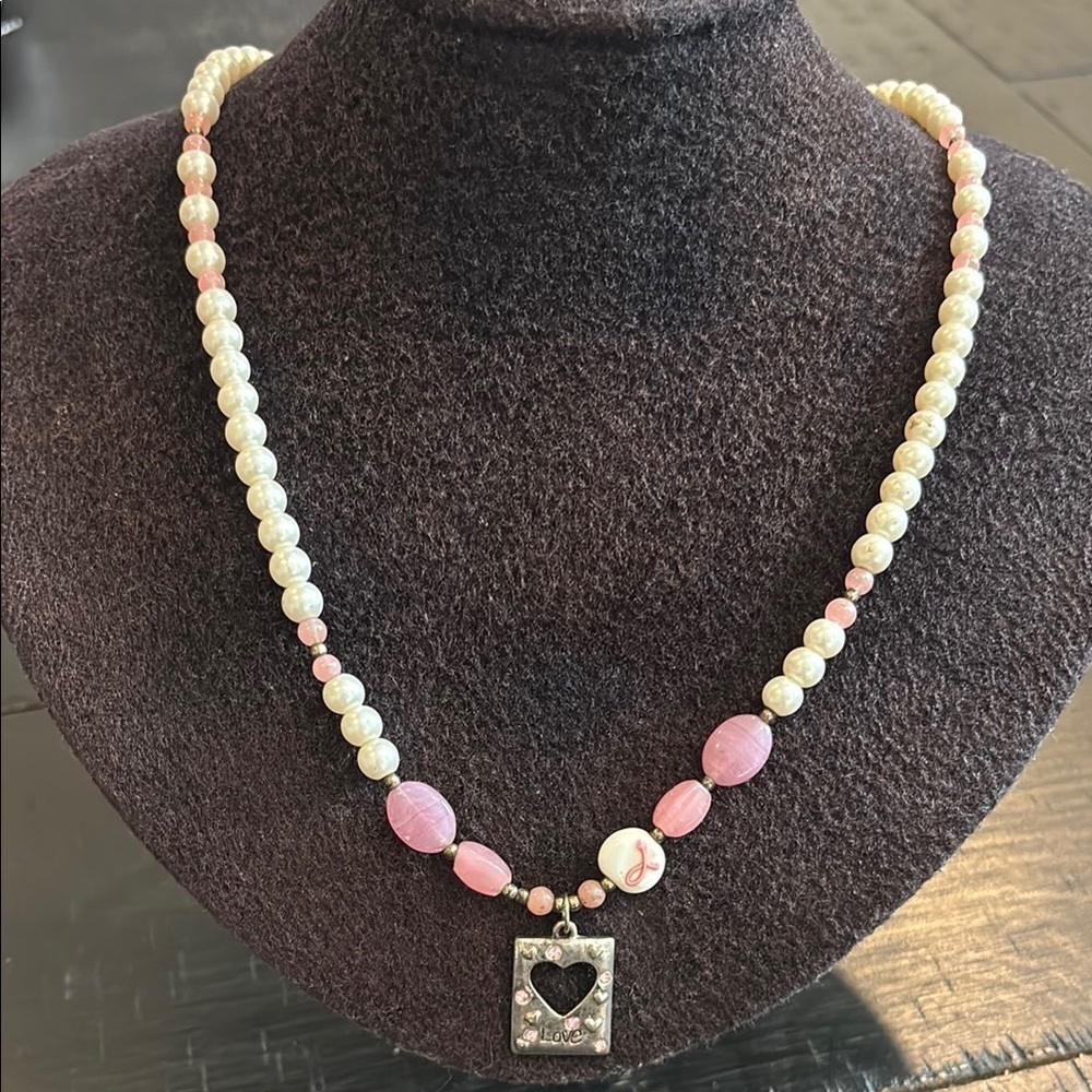 Breast Cancer Awareness Pearl Elegant Pink and Cream Beaded Charm Love Necklace